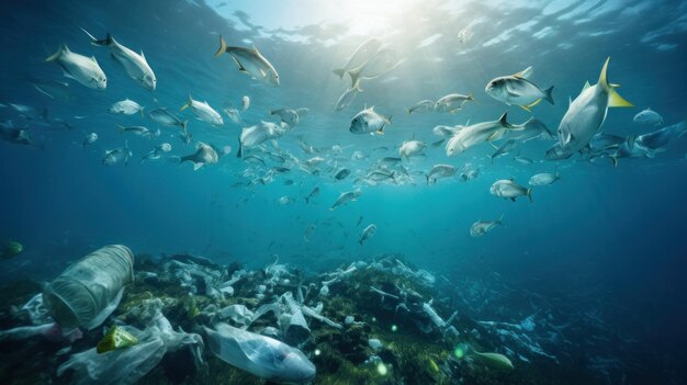 Foto con espacio de copia bajo el mar con una pila de basura plástica y peces nadando