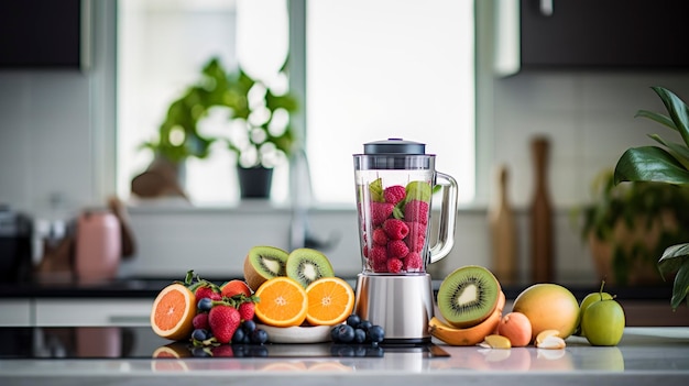 Foto una foto con un espacio de trabajo de cocina minimalista con una licuadora y frutas frescas
