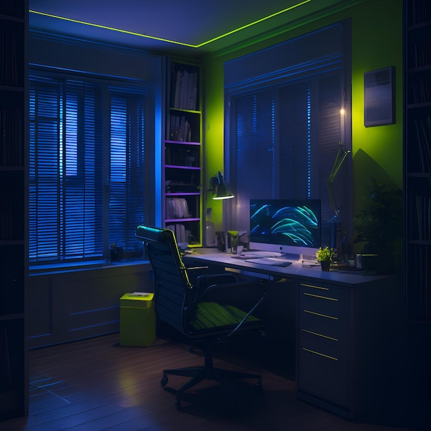 Foto de un espacio de trabajo minimalista con un escritorio y una silla modernos