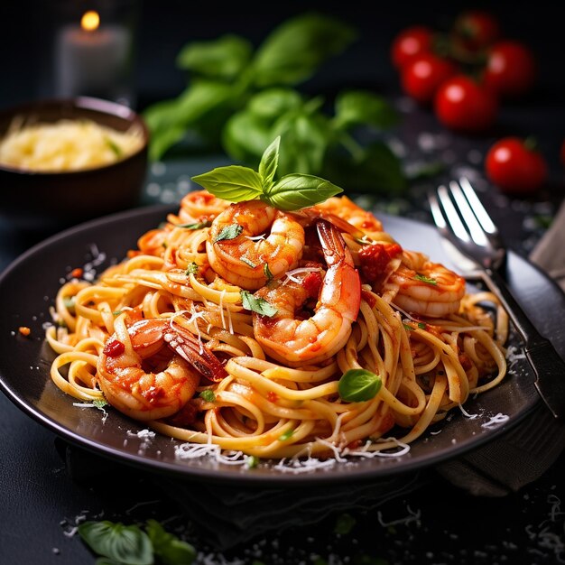 Foto de espagueti de pasta con camarones