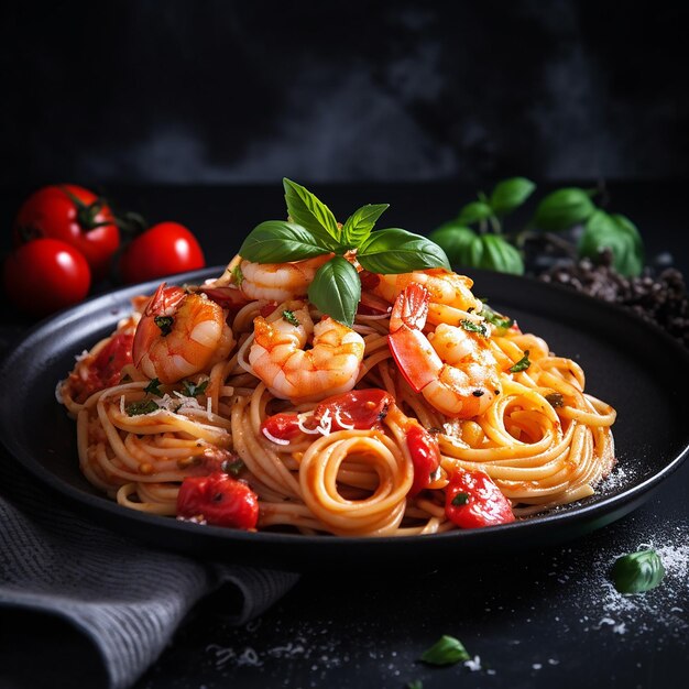 Foto de espagueti de pasta con camarones