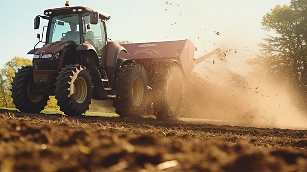 Una foto de un esparcidor de estiércol fertilizando un pasto