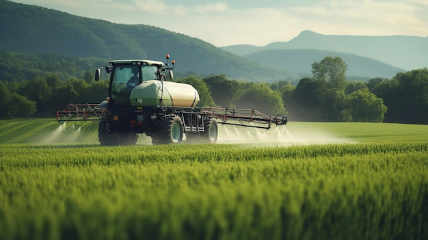 Foto una foto de un esparcidor de fertilizante en un campo exuberante