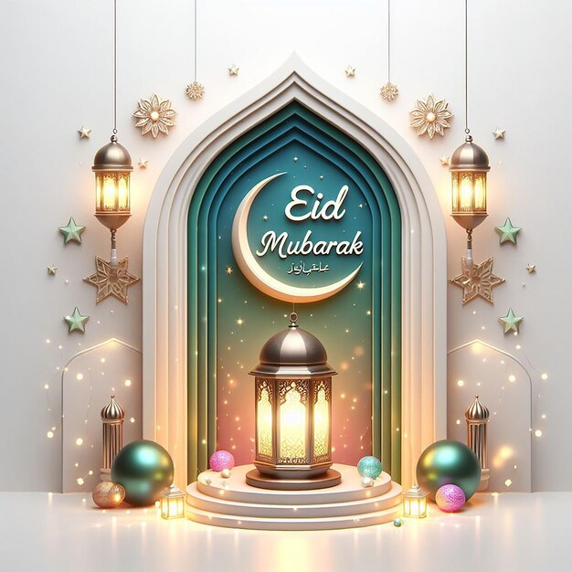 Foto especial de Eid en 3D con el texto de Ramadán Mubarak generado en estilo póster de papel tapiz
