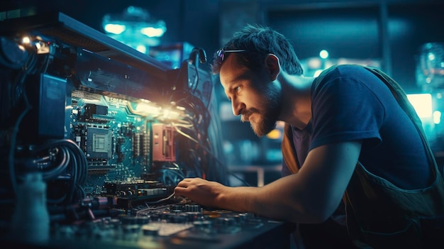 Una foto de un especialista en reparación de computadoras en el trabajo.