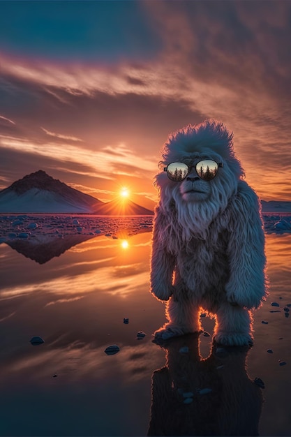 Una foto espectacular de un Yeti con equipo de esquí reflectante