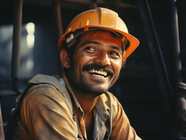 Foto espontânea de trabalhador sorridente e feliz do canteiro de obras