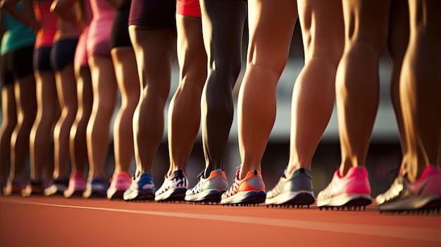 Foto esportiva da linha de partida de uma corrida olímpica de atletismo. Belas mulheres atléticas estão alinhadas na linha de partida prontas para o início da corrida.