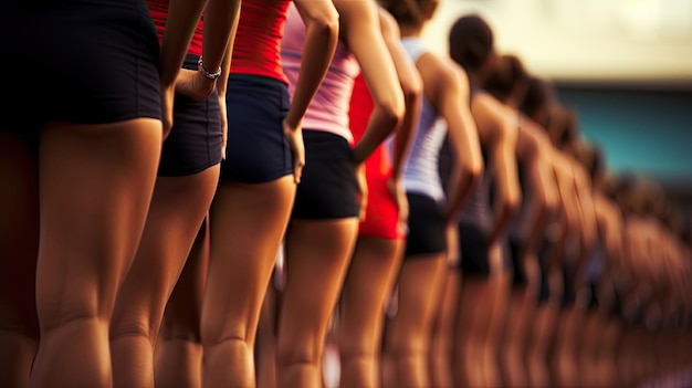 Foto esportiva da linha de partida de uma corrida olímpica de atletismo. Belas mulheres atléticas estão alinhadas na linha de partida prontas para o início da corrida.