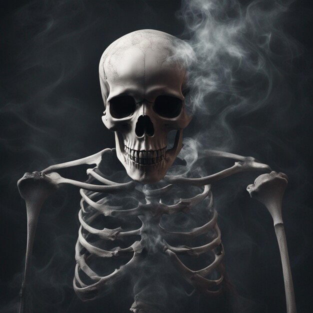 Foto foto de un esqueleto con un fondo oscuro y humo saliendo de él papel pintado