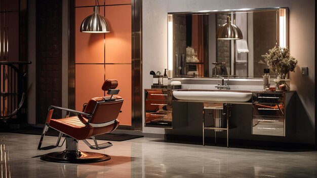 Una foto de una estación de corte de cabello elegante en un salón de belleza