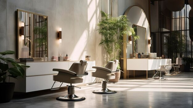 Una foto de una estación de corte de cabello elegante en un salón de belleza