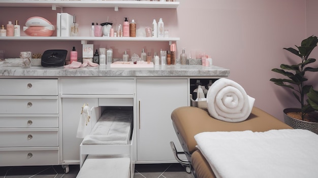 Una foto de una estación de depilación de un salón de belleza con suministros de depilación