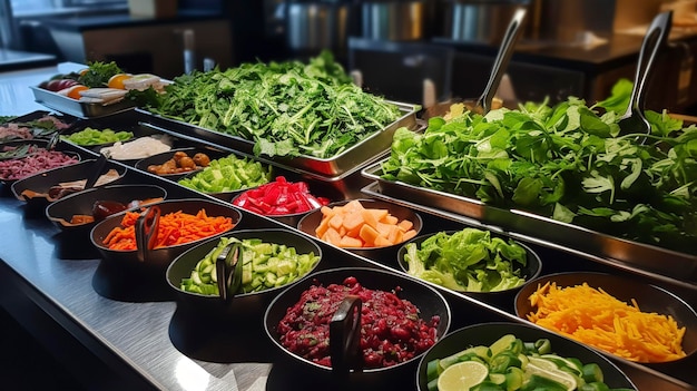 Foto una foto de una estación de ensaladas de un restaurante con verduras frescas y aderezos