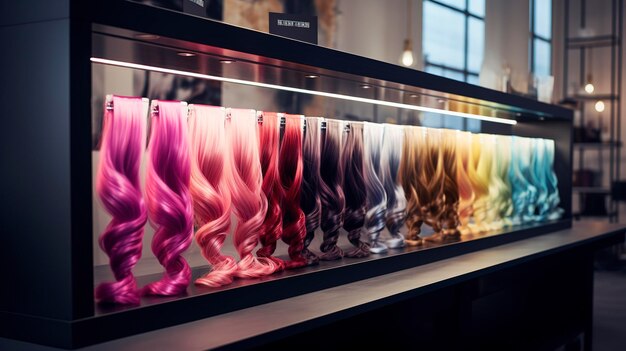 Foto una foto de una estación de salón con una exhibición de cabello de moda