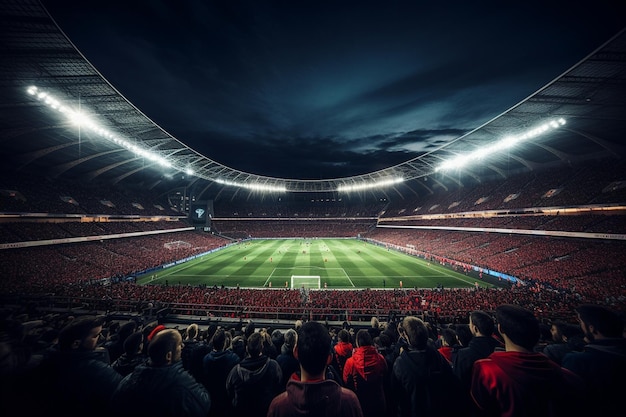 Foto del estadio de fútbol con las gradas llenas de fanáticos esperando el juego de la noche