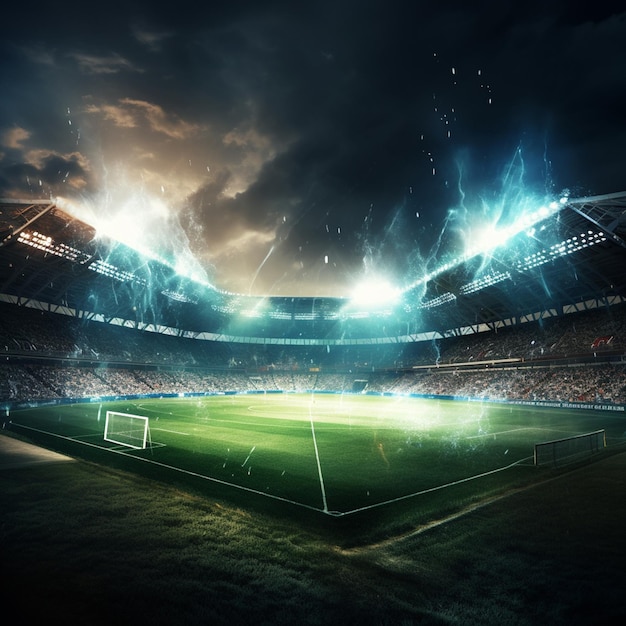 Foto estadio en luces y destellos campo de fútbol