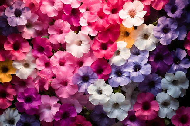 Foto de estallido de color de una cama de petunias Flor