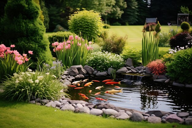 Foto del estanque del jardín tranquilo con peces koi Jardín de flores