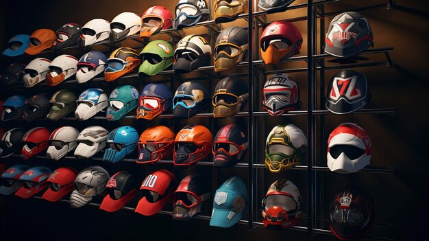 Una foto de un estante de máscaras faciales con temas deportivos