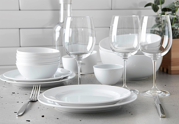 Foto foto de un estante de platos con platos blancos y coloridos limpios para comer o para cenar