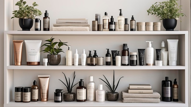 Una foto de un estante de spa organizado lleno de productos de belleza
