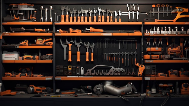Foto una foto de un estante con varias herramientas de automóviles