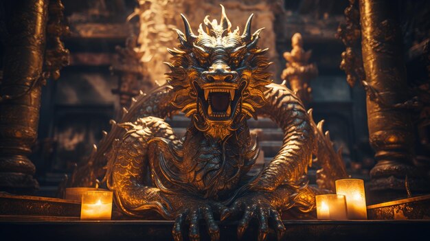 Una foto de una estatua de dragón dorado en un templo parpadeando a la luz de una vela
