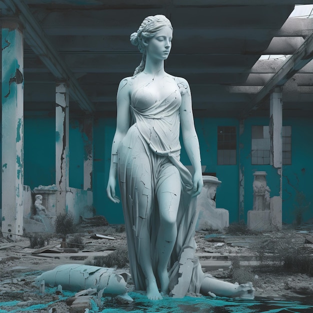 Foto una estatua de una mujer en un edificio abandonado