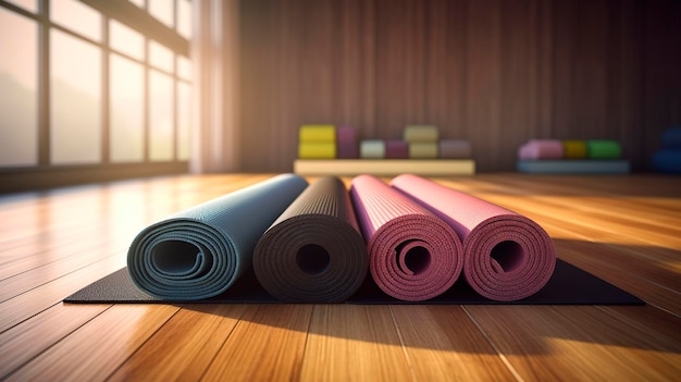 Una foto de esteras de yoga enrolladas en una habitación vacía