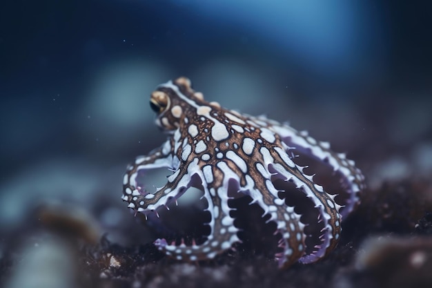 Foto estética del agua submarina de pulpo suave de enfoque con agua de mar de fondo azul