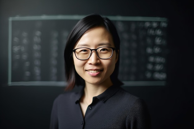 Foto estética profesor asiático con camisa negra y gafas sonriendo sobre fondo negro