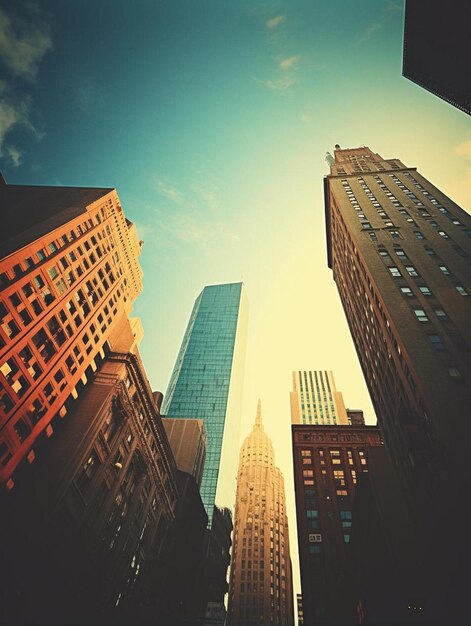 foto estilizada antigua de los rascacielos de Manhattan al atardecer mirando hacia arriba perspectiva de la ciudad de Nueva York EE.UU.