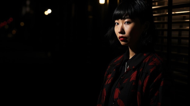 Foto de estilo callejero de una audaz y misteriosa mujer asiática en un entorno oscuro