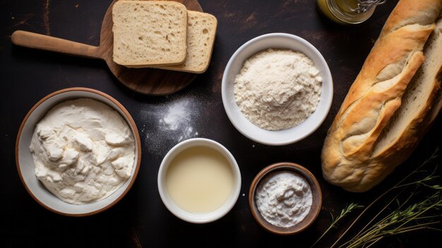 Foto de estilo mise en place desde arriba de los ingredientes para el pan blanco generativo de IA