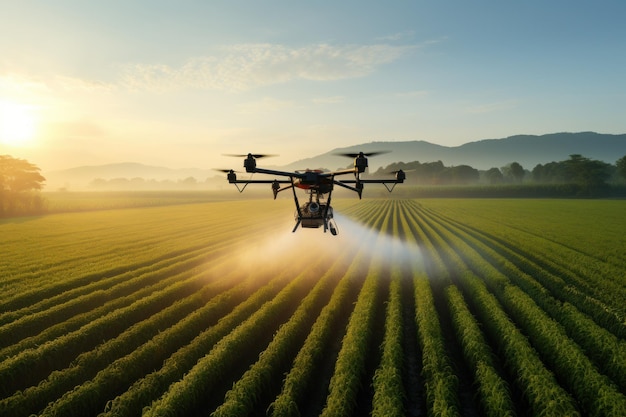 Foto de estilo publicitario que muestra un dron rociando pesticidas en un cultivo IA generativa