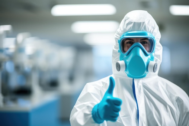 Foto de estilo retrato de una persona con traje de protección contra productos químicos con guantes químicos IA generativa