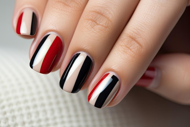 Foto de estilo retro de las uñas bien cuidadas de una mujer con esmalte de uñas femenino rojo, blanco y negro