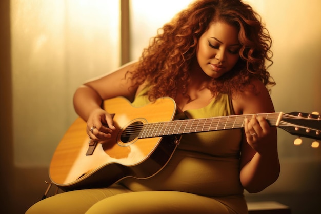 Foto de estilo de vida de una mujer con sobrepeso que está interesada en un pasatiempo como tocar la guitarra IA generativa