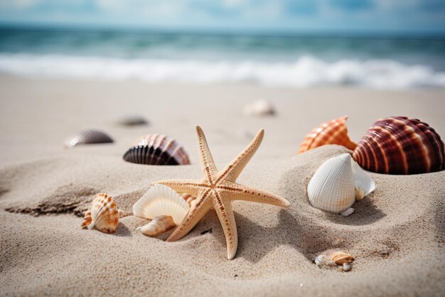 Foto estrela do mar com conchas na areia