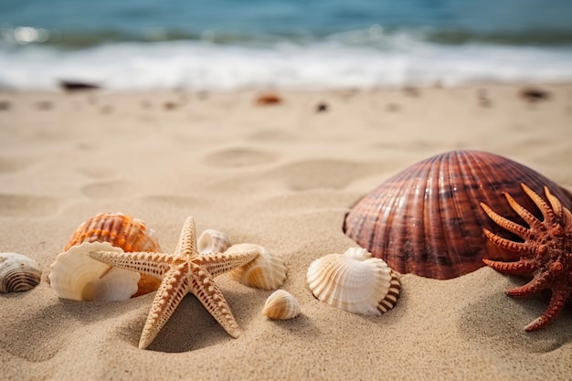 Foto estrela do mar com conchas na areia