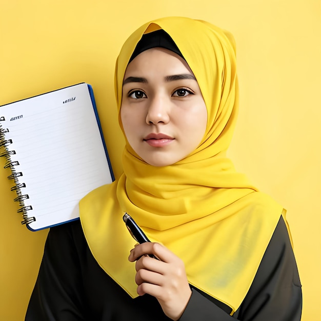 Foto estudante mulher bela estudante muçulmana vestindo hijab amarelo brilhante segurando caderno