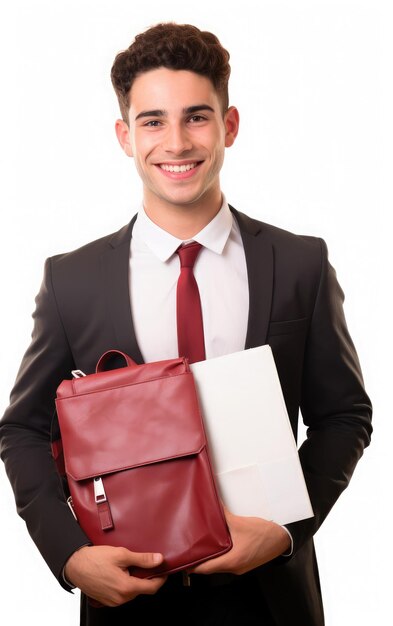 Foto foto de un estudiante israelí sonriente de 25 años bolsa carpeta roja fondo blanco