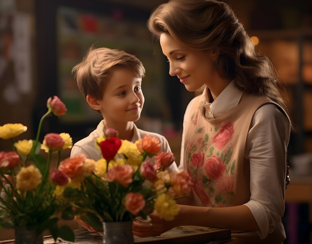 foto estudiante regalando flores a su maestro para el concepto del día internacional del maestro ai generativo