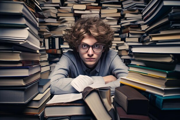 Foto foto de un estudiante rodeado de libros de texto y notas que destacan las presiones de los académicos