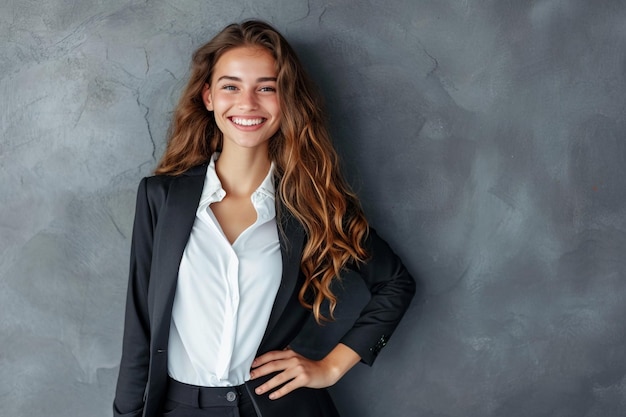 Una foto de estudio de una alegre empresaria con la mano en la cadera sonriendo ampliamente mientras espera