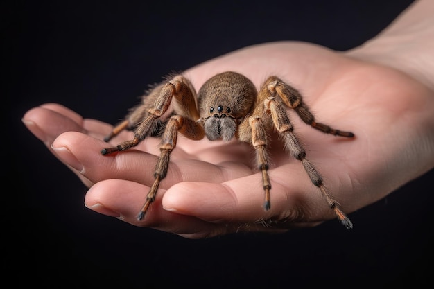 Foto de estudio de una araña falsa en la mano de alguien creada con IA generativa