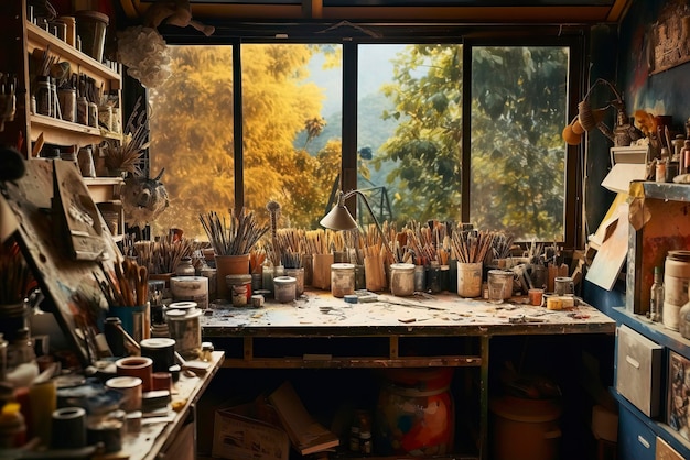 Foto de un estudio de artistas abarrotado de pinturas, pinceles y colores