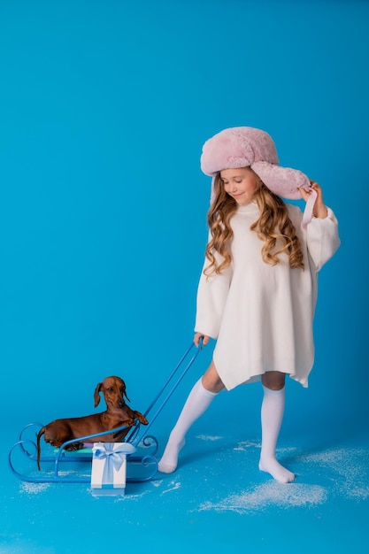 foto de estudio de una chica con un suéter blanco y un sombrero y un perro salchicha sentado en un trineo