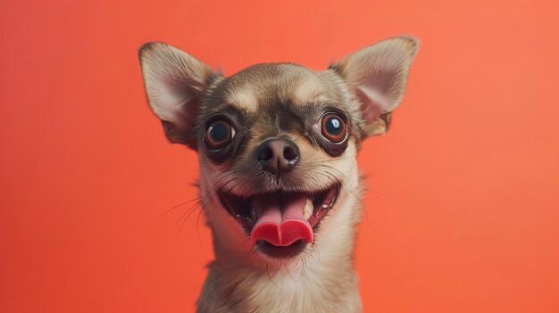 Una foto de estudio de un chihuahua feliz con la lengua afuera contra un fondo naranja